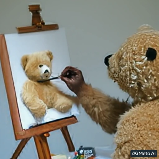 A teddy bear painting a portrait