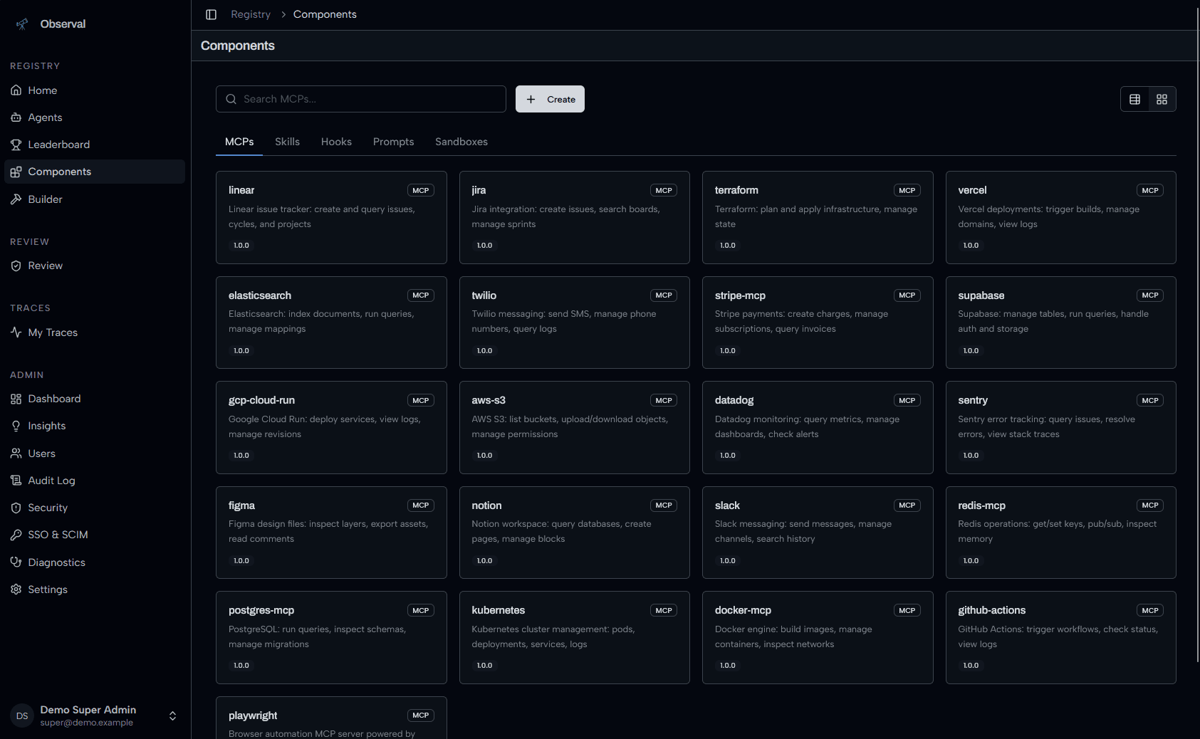 组件库页面,展示已发布的 MCP Server、Skills、Hooks 等各类资源