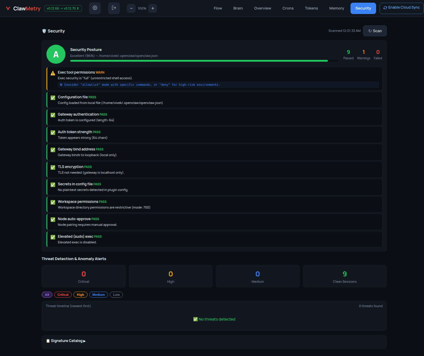 ClawMetry Security 标签页:安全态势与审计日志