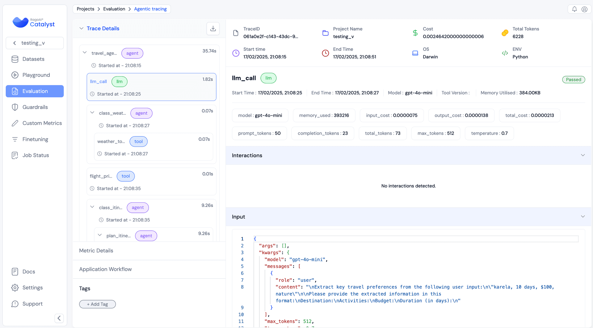 RagaAI Catalyst Dashboard — 主界面展示追踪数据概览