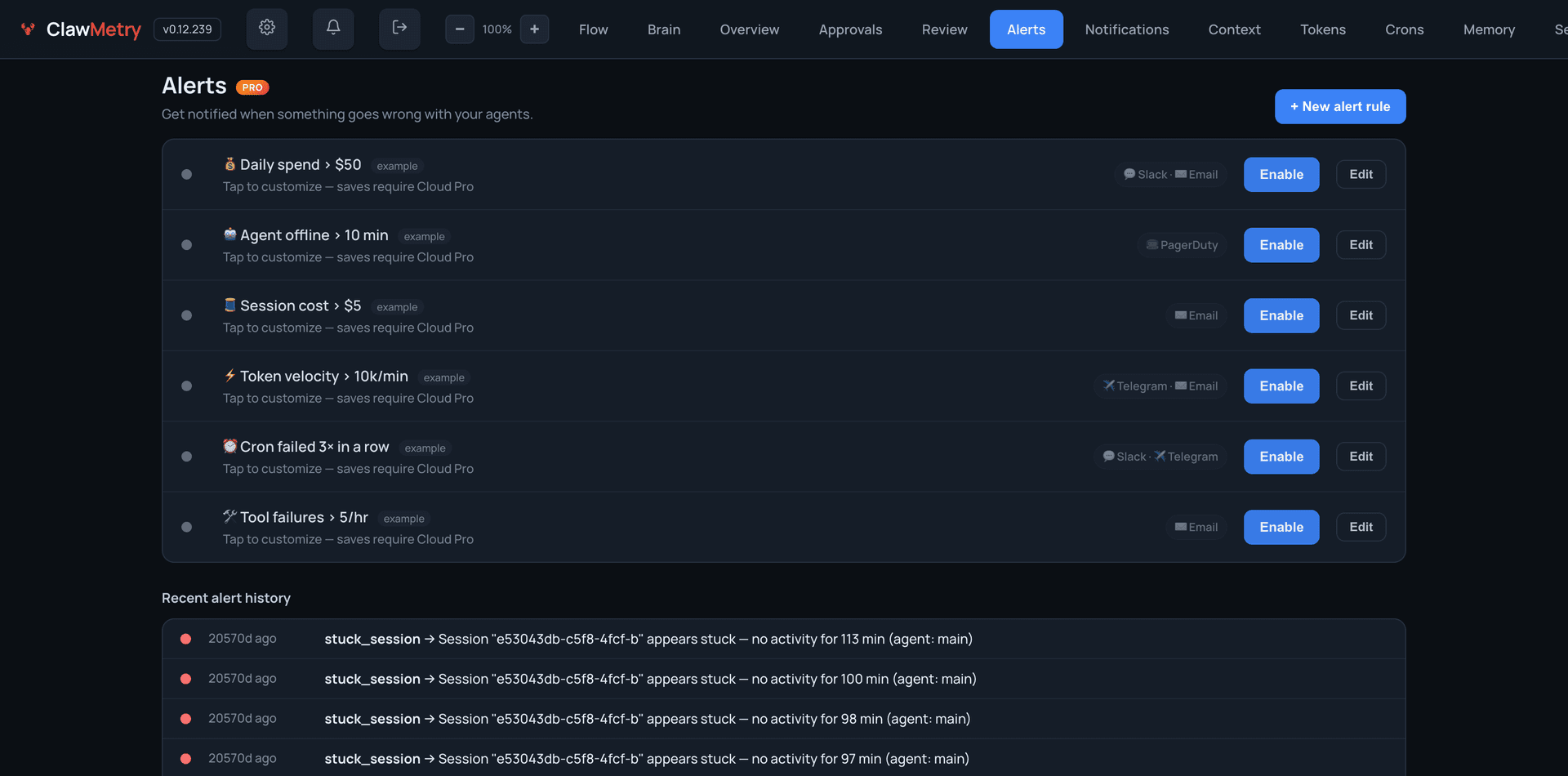 ClawMetry Alerts 告警配置页面