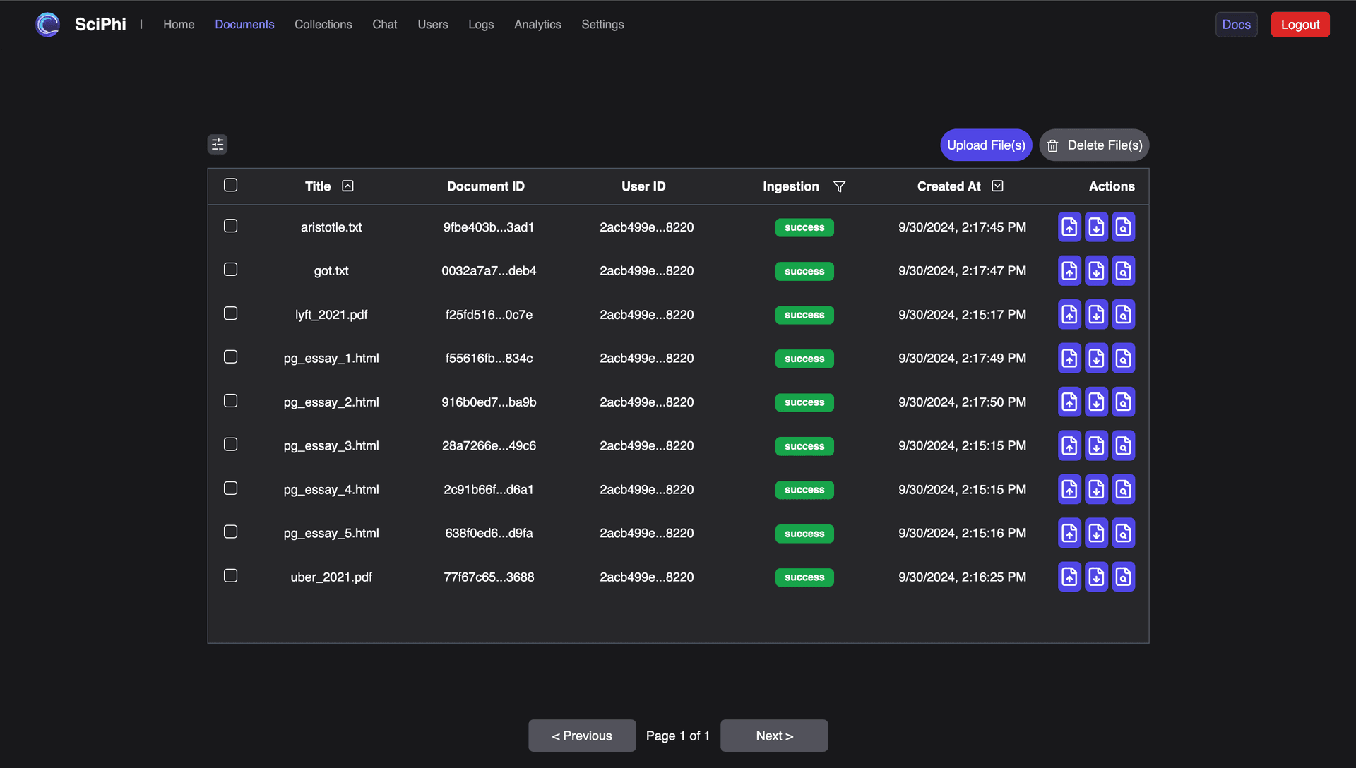 图1：R2R Dashboard 文档管理界面，展示了知识库的文档上传与管理功能