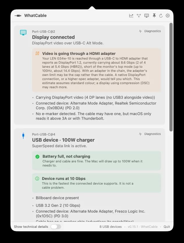 WhatCable 菜单栏截图