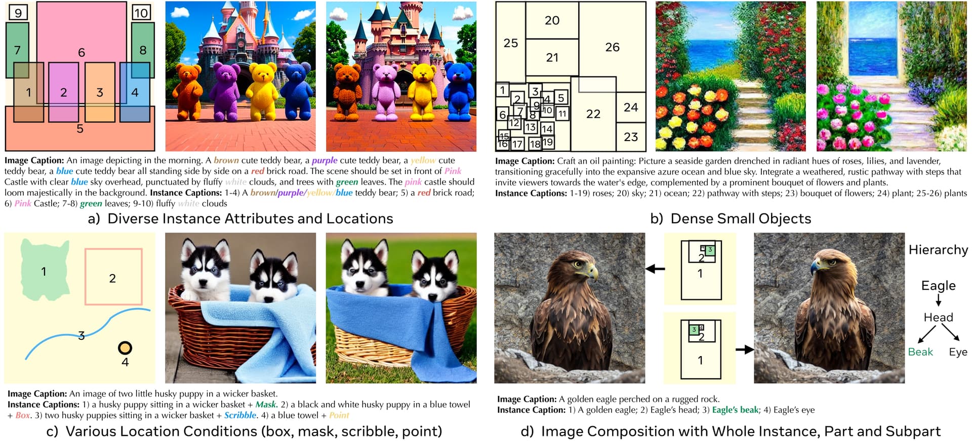 图1:InstanceDiffusion 核心效果展示——输入多个物体的边界框和描述,模型在指定位置精确生成对应物体