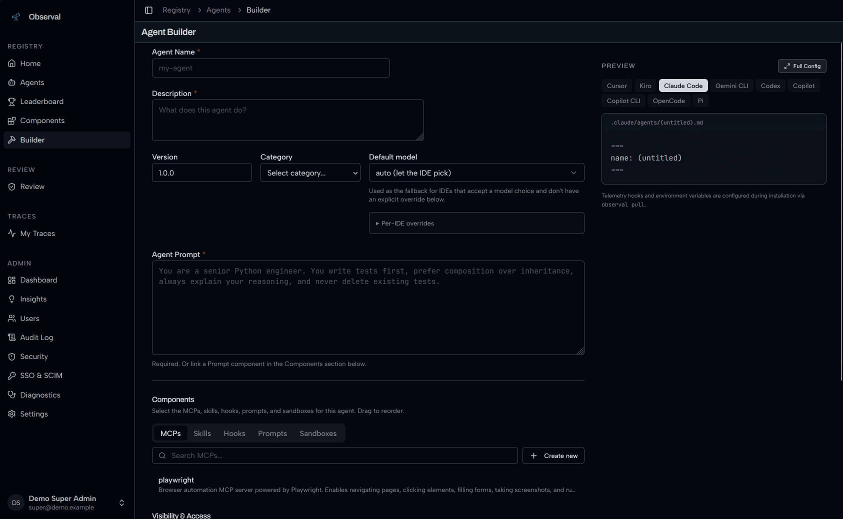 Agent Builder 可视化配置界面,支持实时预览各 IDE 生成结果