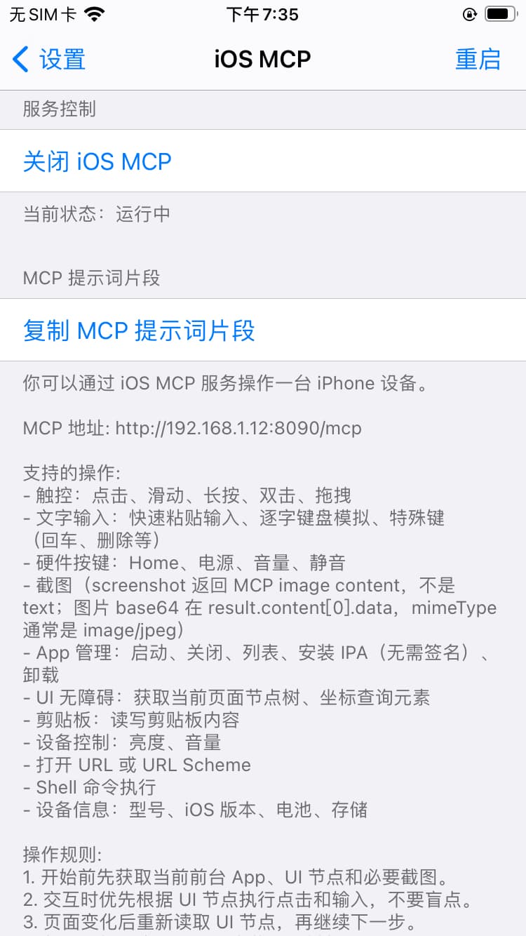 iOS MCP 设置界面